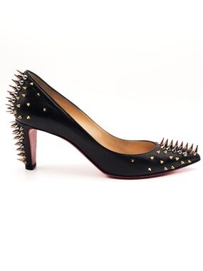 Christian Louboutin Black Leather Spiked Block Heel Pointed Pumps EU 38.5